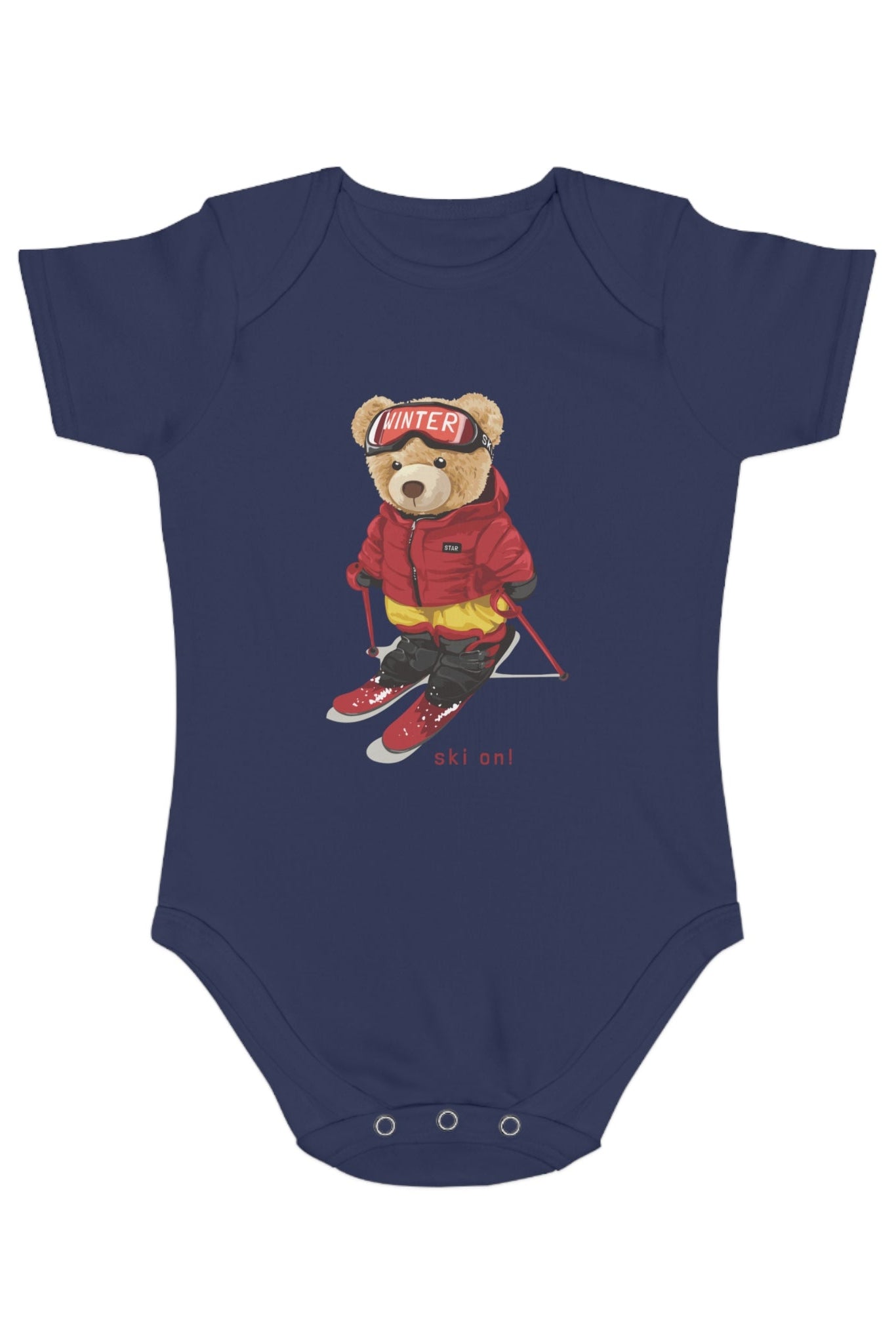 Jobka Kids Erkek Bebek %100 Pamuk Kayakçı Tedy Baskılı Lacivert Body