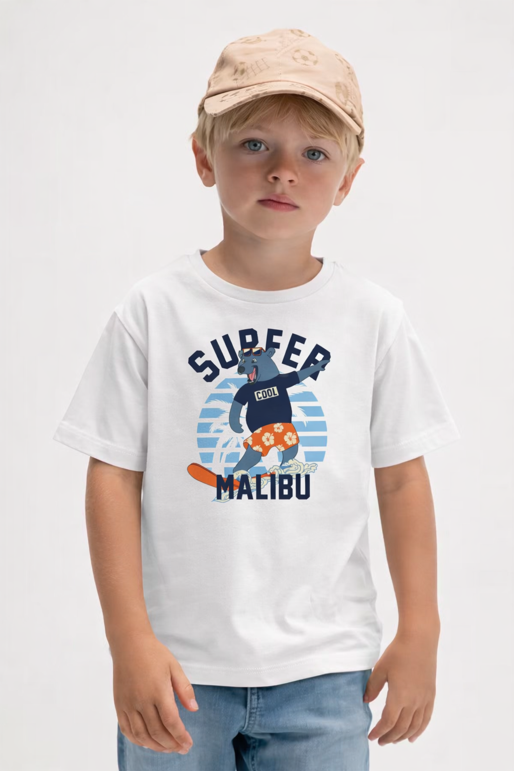 Jobka Kids Erkek %100 Pamuk Surfer Malibu Baskılı Beyaz Renk Tshirt