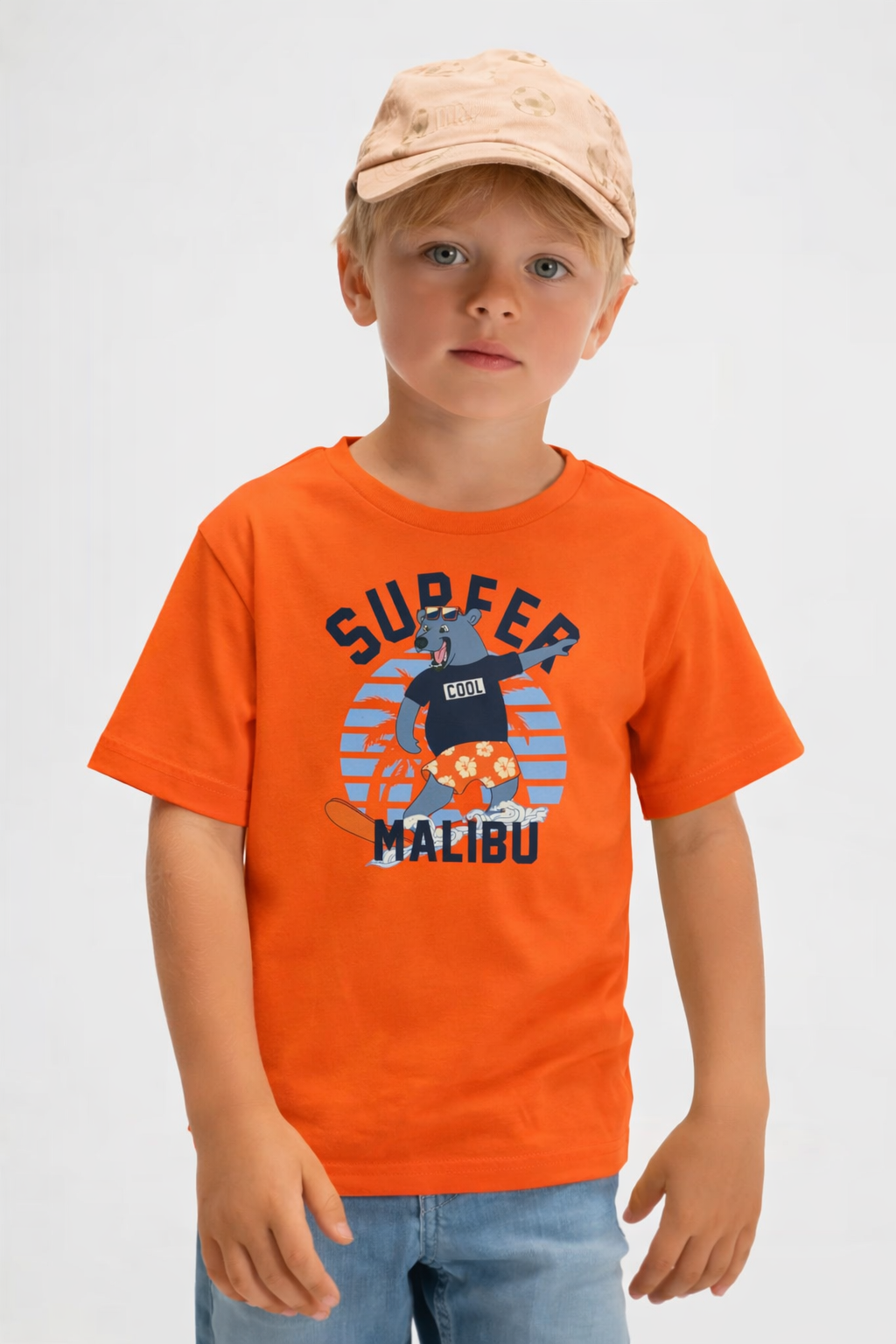 Jobka Kids Erkek %100 Pamuk Surfer Malibu Baskılı Turuncu Renk Tshirt