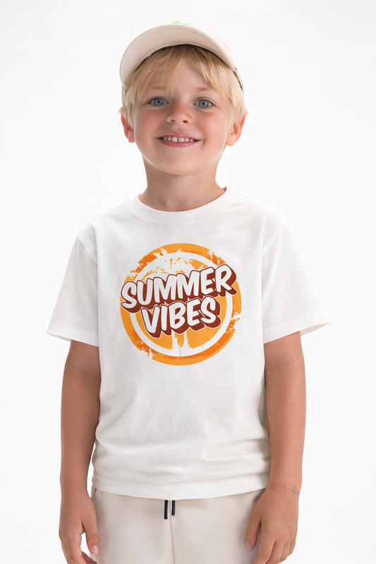 Jobka Kids Erkek %100 Pamuk Summer Vibes Baskılı Beyaz Renk Tshirt