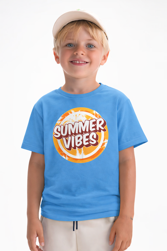Jobka Kids Erkek %100 Pamuk Summer Vibes Baskılı Gök Mavisi Renk Tshirt