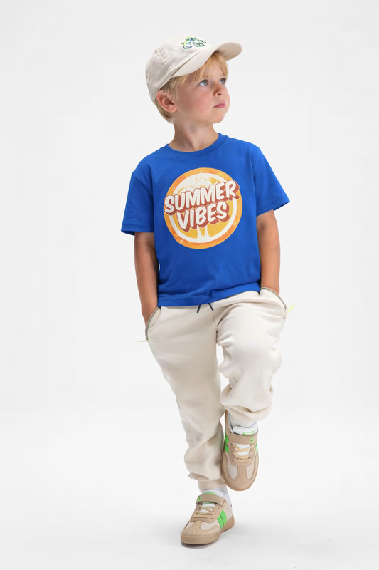 Jobka Kids Erkek %100 Pamuk Summer Vibes Baskılı Saks Renk Tshirt