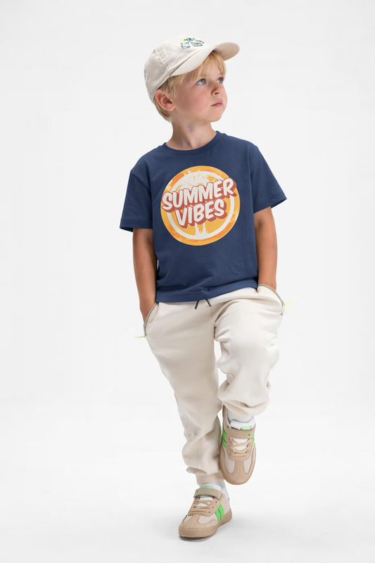 Jobka Kids Erkek %100 Pamuk Summer Vibes Baskılı Lacivert Renk Tshirt