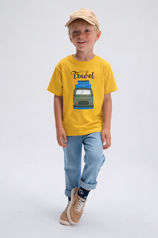 Jobka Kids Erkek %100 Pamuk Travel Karavan Baskılı Sarı Renk Tshirt