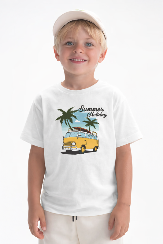 Jobka Kids Erkek %100 Pamuk Summer Holiday Baskılı Beyaz Renk Tshirt