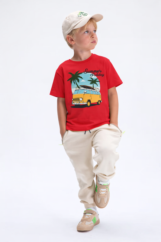 Jobka Kids Erkek %100 Pamuk Summer Holiday Baskılı Kırmızı Renk Tshirt