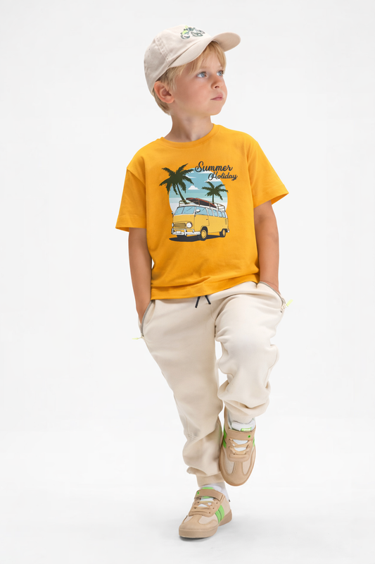 Jobka Kids Erkek %100 Pamuk Summer Holiday Baskılı Sarı Renk Tshirt