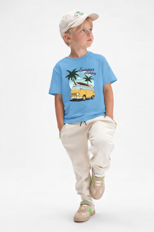 Jobka Kids Erkek %100 Pamuk Summer Holiday Baskılı Gök Mavisi Renk Tshirt