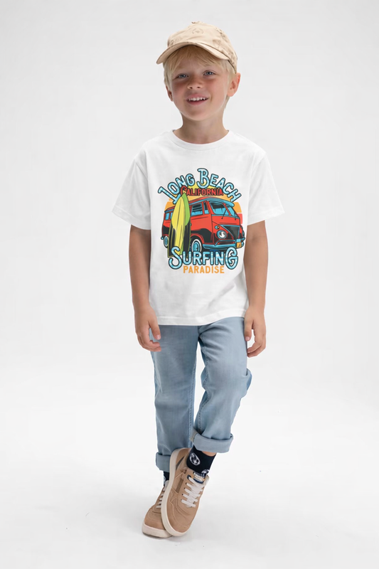 Jobka Kids Erkek %100 Pamuk Long Beach Baskılı Beyaz Renk Tshirt