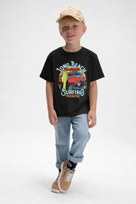 Jobka Kids Erkek %100 Pamuk Long Beach Baskılı Siyah Renk Tshirt