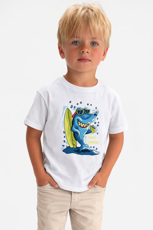 Jobka Kids Erkek %100 Pamuk Shark Baskılı Beyaz Renk Tshirt