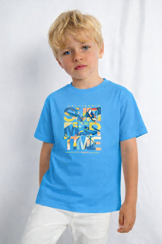 Jobka Kids Erkek %100 Pamuk Summer Baskılı Gök Mavisi Renk Tshirt