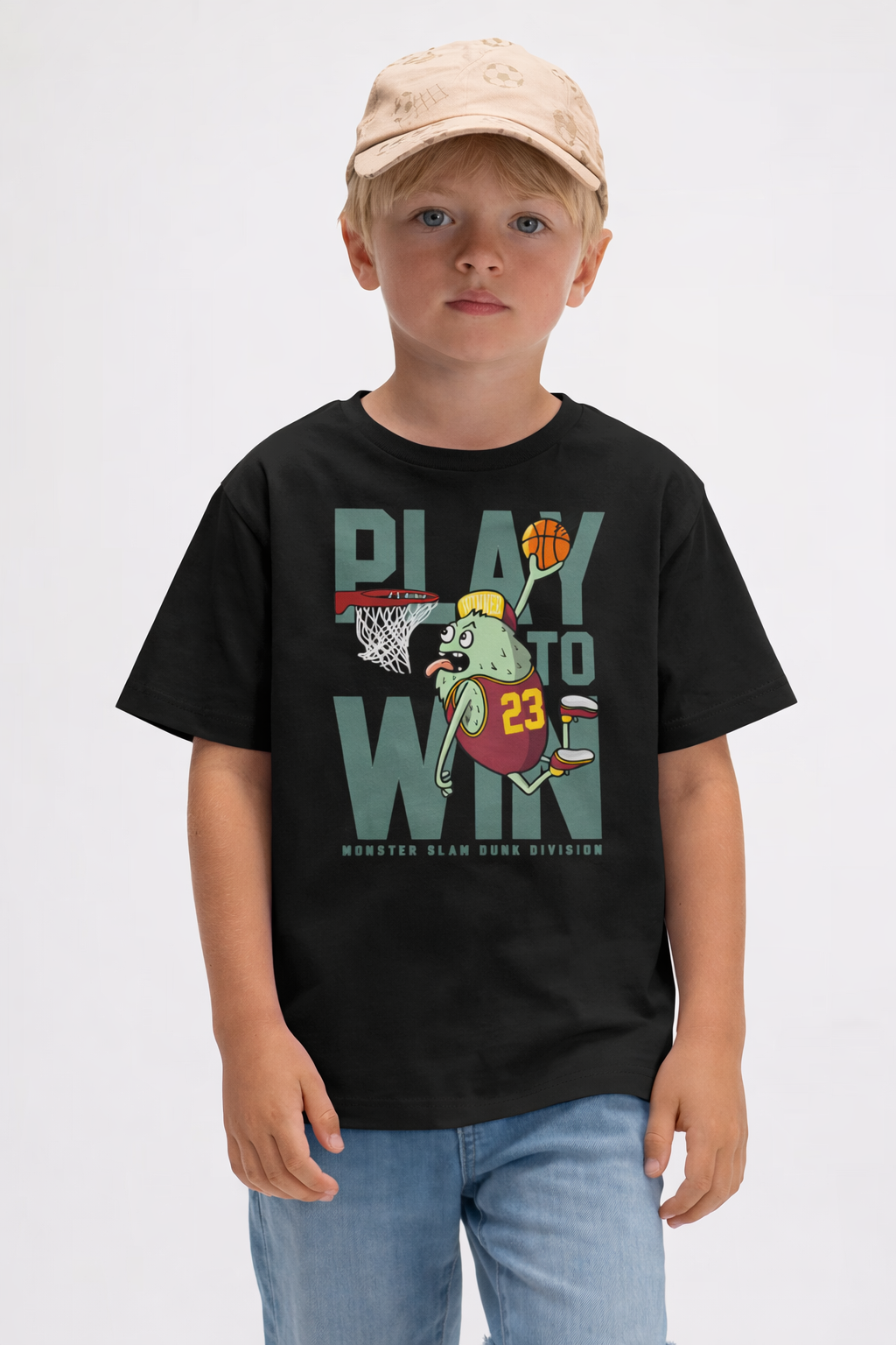 Jobka Kids Erkek %100 Pamuk Play to Win Baskılı Siyah Renk Tshirt