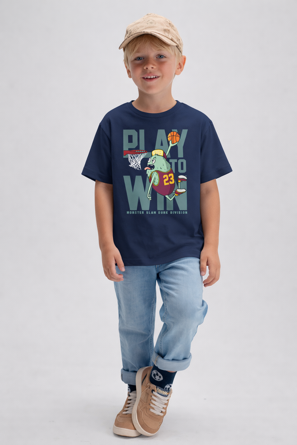 Jobka Kids Erkek %100 Pamuk Play to Win Baskılı Lacivert Renk Tshirt