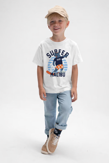 Jobka Kids Erkek %100 Pamuk Surfer Malibu Baskılı Beyaz Renk Tshirt