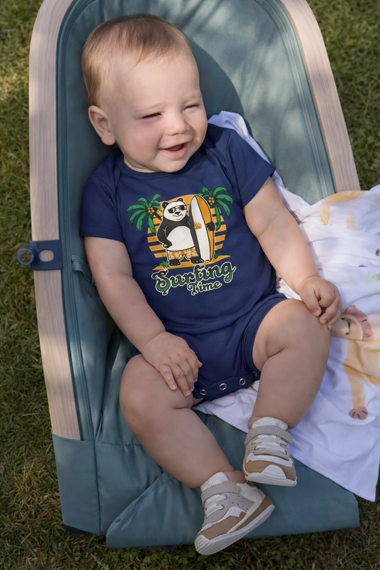 Jobka Kids Erkek Bebek %100 Pamuk Panda Surf Baskılı Lacivert Body
