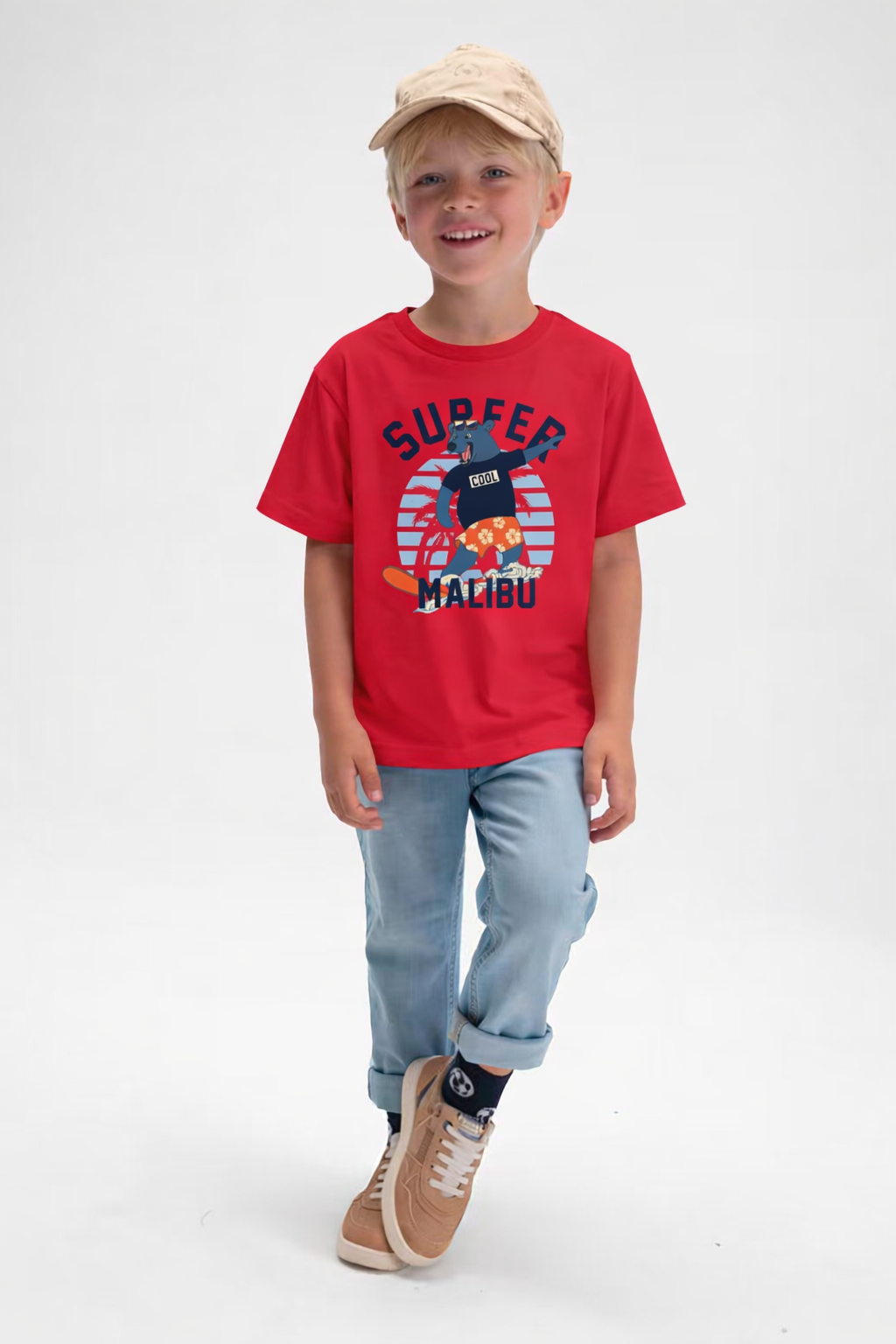 Jobka Kids Erkek %100 Pamuk Surfer Malibu Baskılı Kırmızı Renk Tshirt