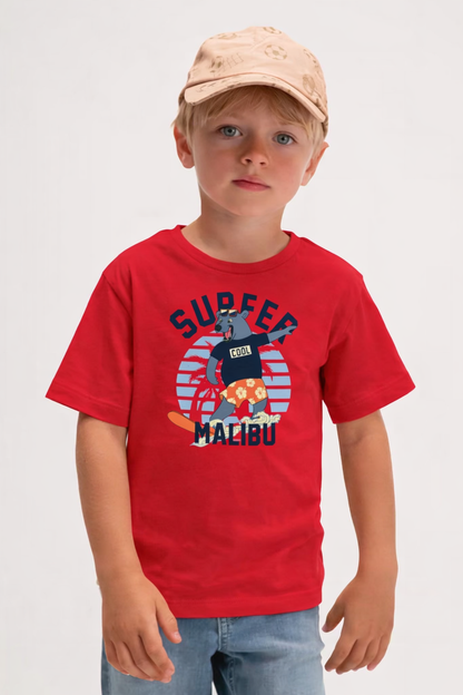 Jobka Kids Erkek %100 Pamuk Surfer Malibu Baskılı Kırmızı Renk Tshirt