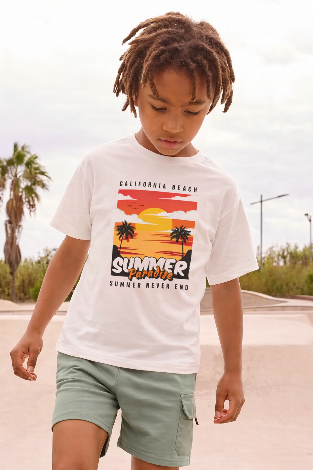 Jobka Kids Erkek %100 Pamuk Summer Paradise Baskılı Beyaz Renk Tshirt