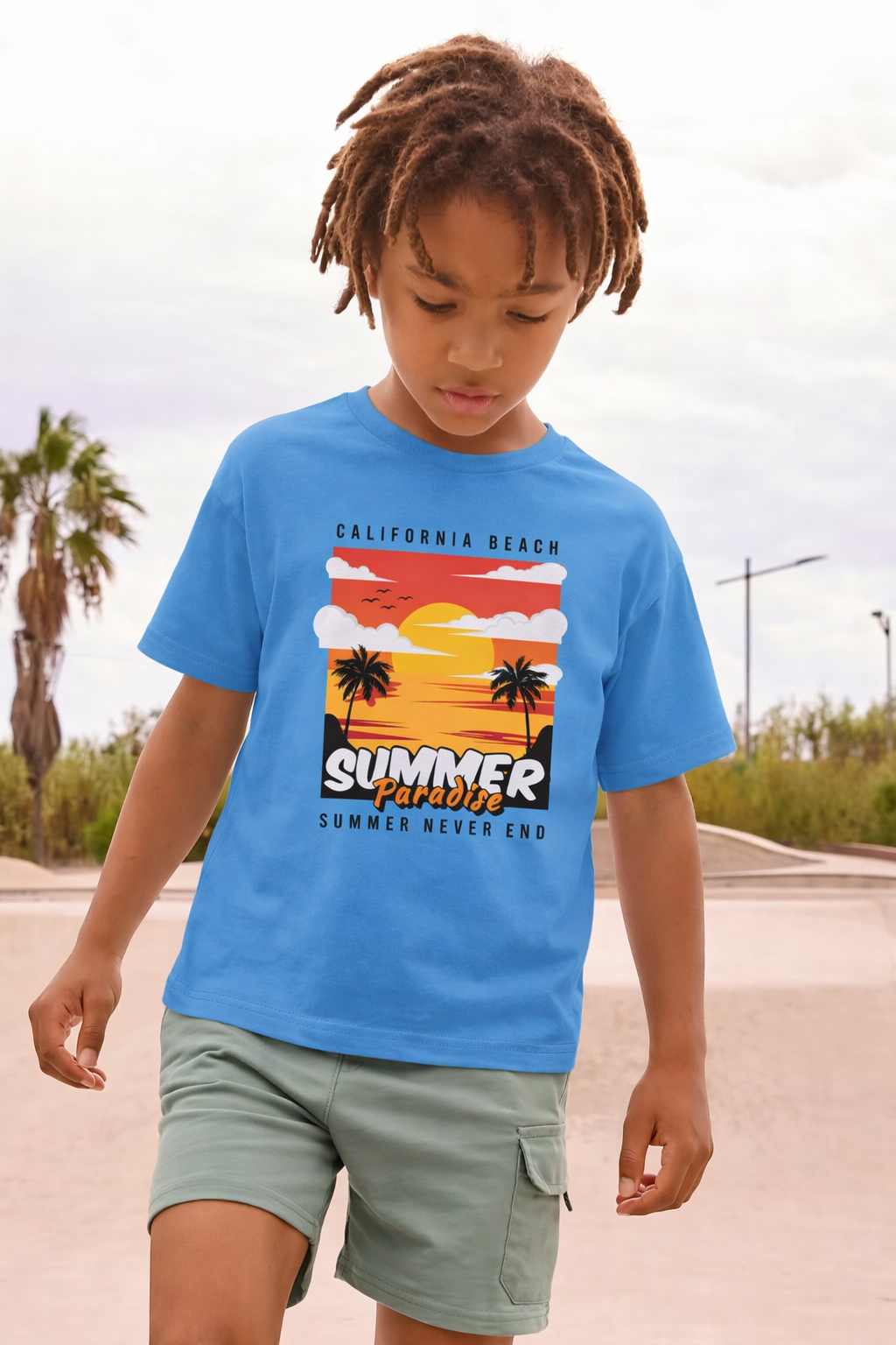 Jobka Kids Erkek %100 Pamuk Summer Paradise Baskılı Gök Mavisi Renk Tshirt