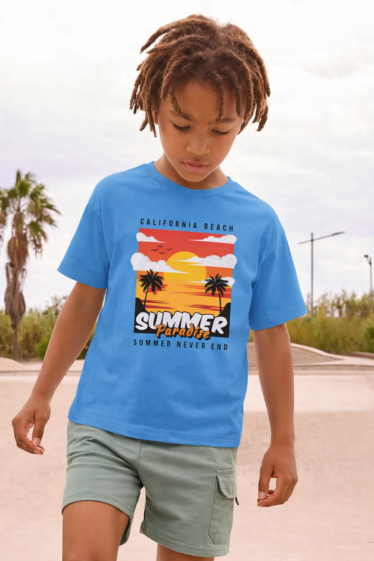 Jobka Kids Erkek %100 Pamuk Summer Paradise Baskılı Gök Mavisi Renk Tshirt