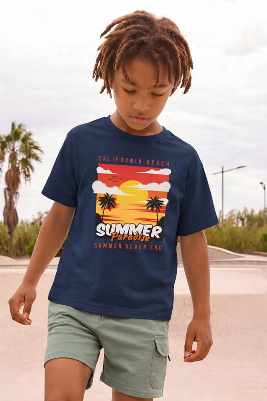 Jobka Kids Erkek %100 Pamuk Summer Paradise Baskılı Lacivert Renk Tshirt