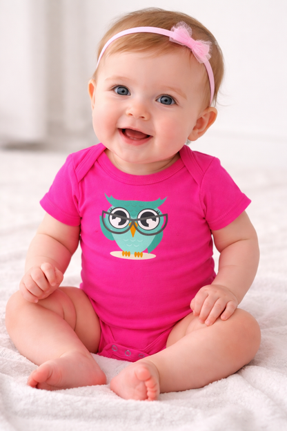 Jobka Kids Kız Bebek %100 Pamuk Sevimli Baykuş Baskılı Fuşya Body