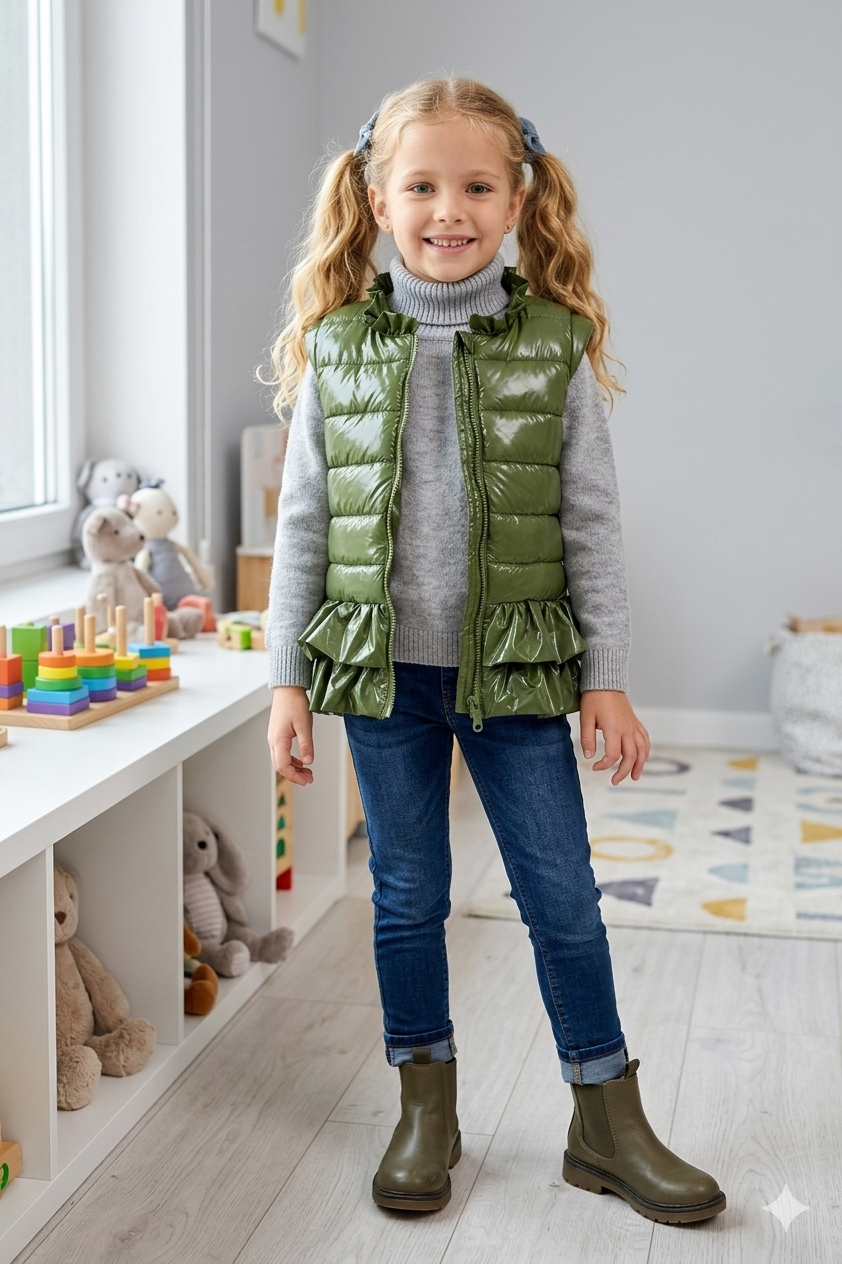 Jobka Kids Kız Çocuk Fırfır Detaylı Haki Yeşili Şişme Yelek