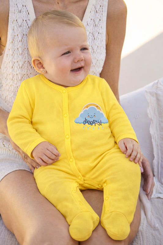 Jobka Kids Kız Bebek %100 Pamuk Cherfull Bulut Baskılı Sarı Uyku Tulumu