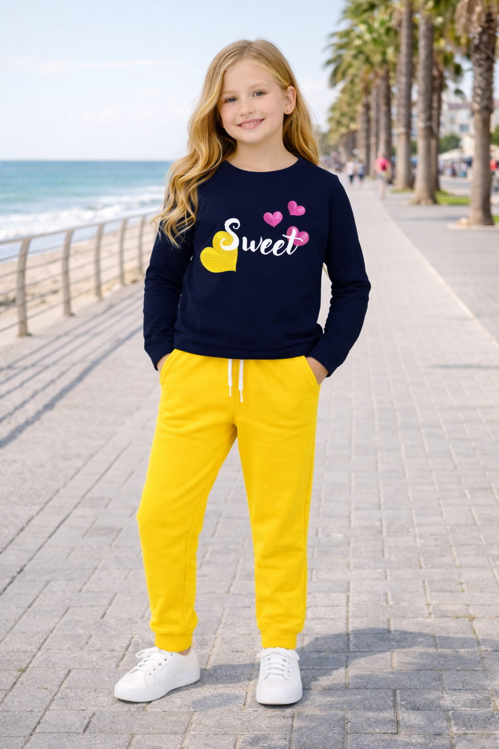 Jobka Kids Kız Beli Lastikli 3 Cepli %100 Pamuk Sarı Renk Eşofman Altı
