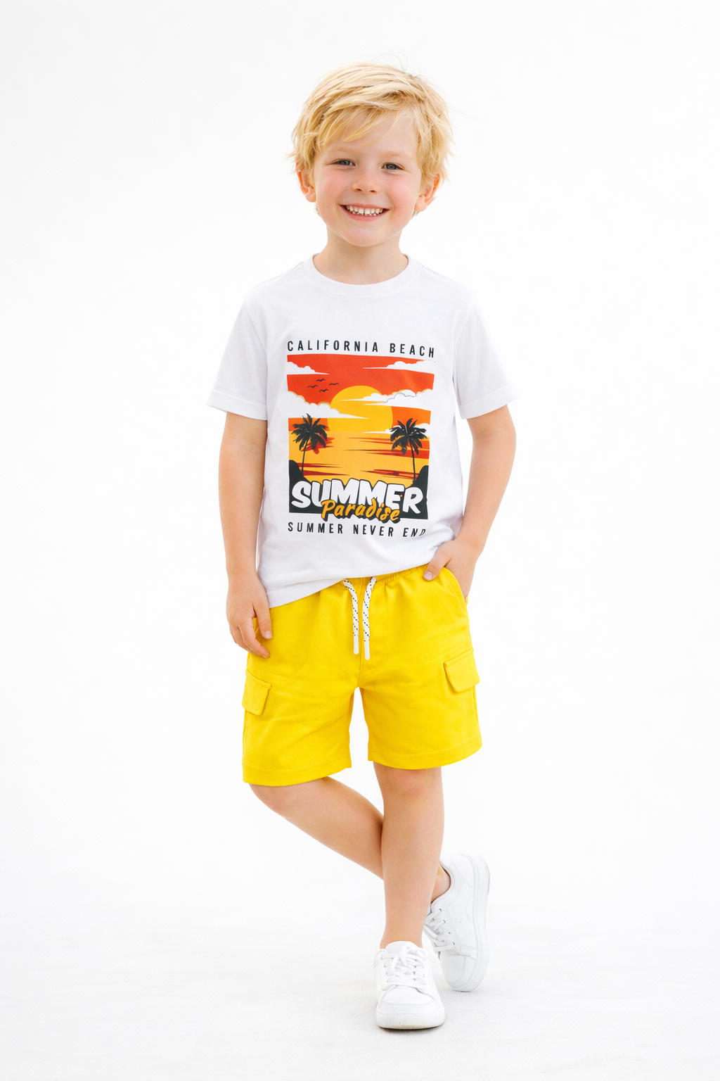 Jobka Kids Çocuk Sarı %100 Pamuk Kargo Cepli Şort
