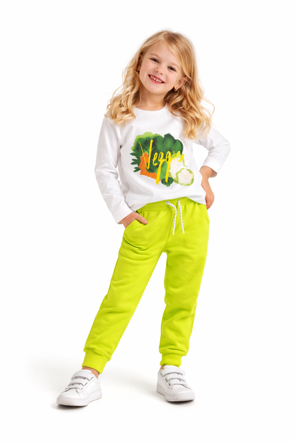 Jobka Kids Kız Beli Lastikli 3 Cepli %100 Pamuk Fıstık Yeşili Renk Eşofman Altı